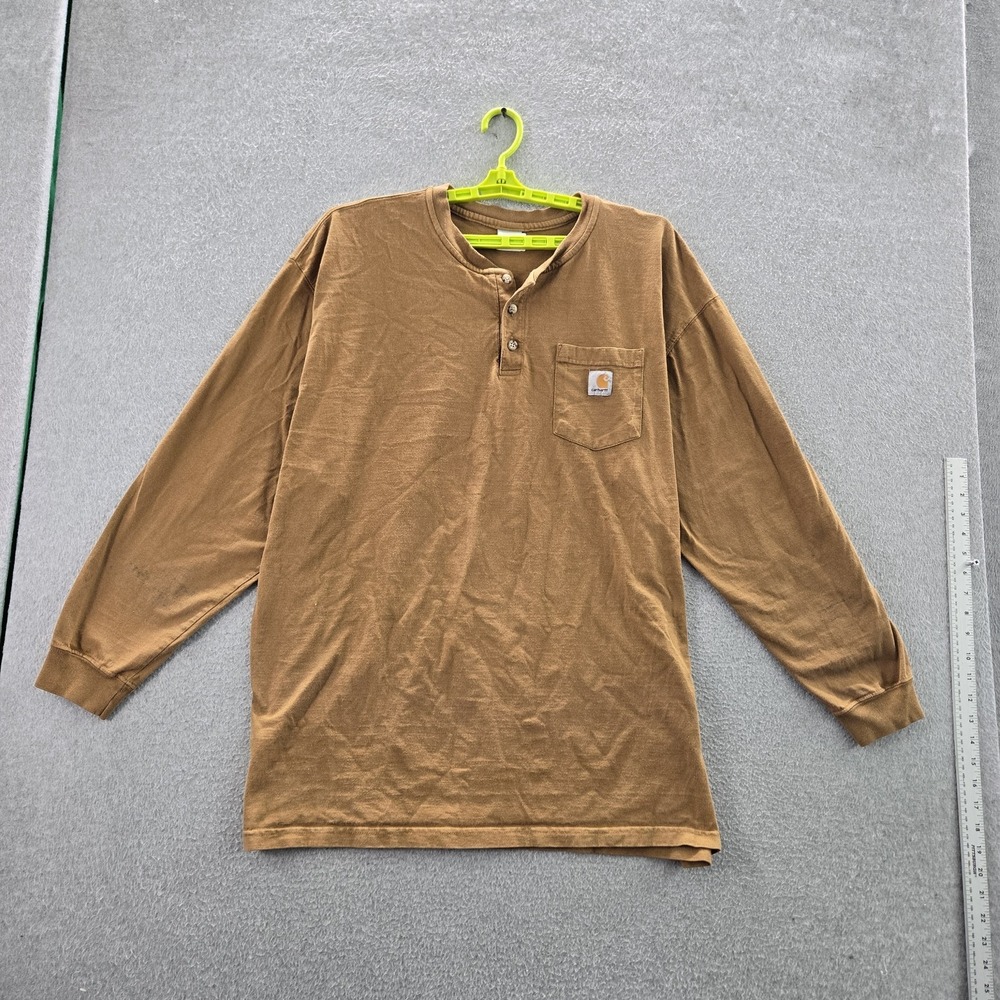 Carhartt Men Button Up Shirt 2XL Brown Henley Logo Long Sleeve READ
